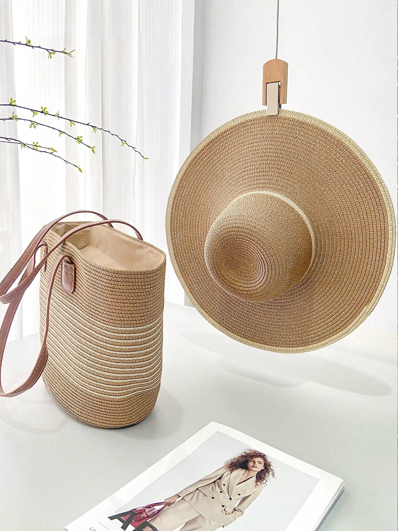 Kit Bolsa de Praia Grande e Chapéu de Sol Estilo Boho Ideal para Férias,Viagens